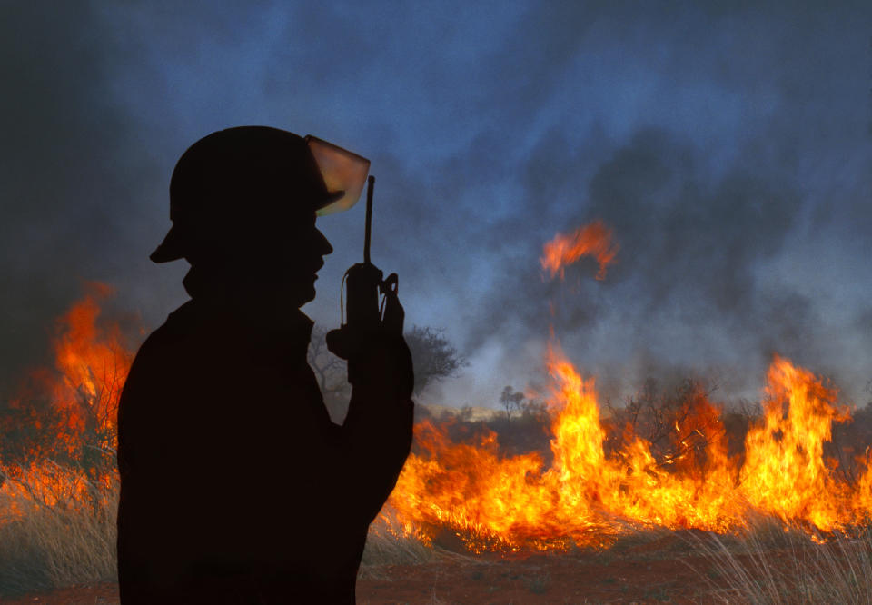 A firefighter stands in front of bushfire. 