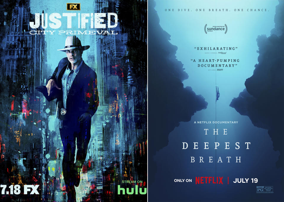 This combination of photos shows promotional art for the FX series "Justified: City Primeval," left, and the Netflix documentary "The Deepest Breath." (FX/Netflix via AP)