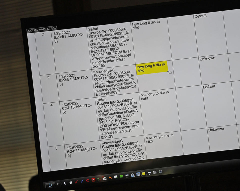 Internet search results are presented by the defense as defense attorney Alan Jackson questions witness Jen McCabe as she testifies during Karen Read's murder trail, Wednesday, May 22, 2024, at Dedham Superior Court in Dedham, Mass. Read is facing charges including second degree murder in the 2022 death of her boyfriend Boston Officer John O’Keefe. (Greg Derr/The Patriot Ledger via AP, Pool)
