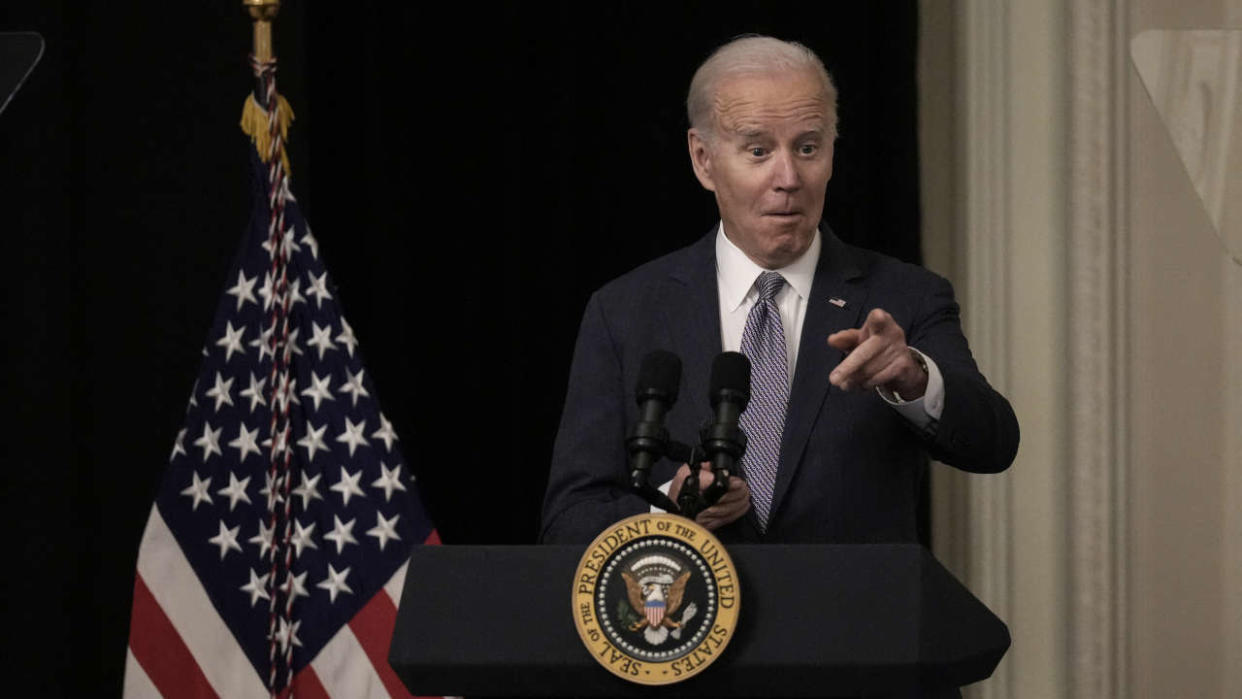 WASHINGTON, DC - FEBRUARY 16: U.S. President Joe Biden speaks before a screening of the movie Till in the East Room of the White House February 16, 2023 in Washington, DC. The film is based on the true story of Mamie Till-Bradley, who pursued justice after the murder of her 14-year-old son Emmett Till in 1955.   Drew Angerer/Getty Images/AFP (Photo by Drew Angerer / GETTY IMAGES NORTH AMERICA / Getty Images via AFP)