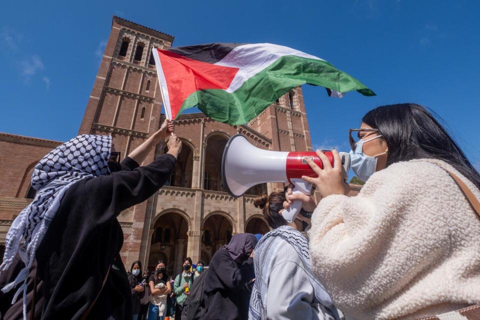 Pro-Palestine protesters gather at an encampment on the campus of UCLA