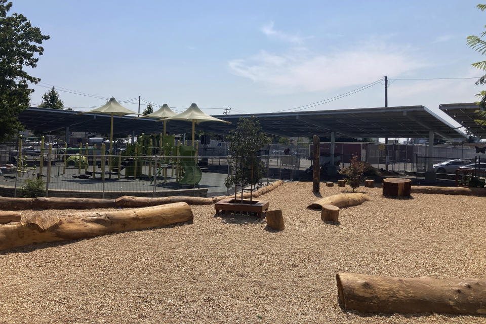 A playground and part of the schoolyard at Lockwood STEAM Academy is shown in Oakland, Calif., Thursday, Aug. 31, 2023. The family of Stephen Curry and partners are expanding the reach of their Eat.Learn.Play. Foundation, established in 2019 to support youth in Oakland, the Bay Area and beyond, while striving to improve lives of families nationwide. They are generating $50 million in additional funding to assist the Oakland Unified School District. (AP Photo/Janie McCauley)