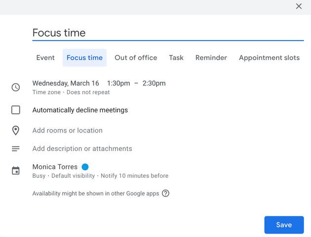 Focus Time lets you set up times during which meeting invitations will automatically be declined. (Photo: Gmail Focus Time)