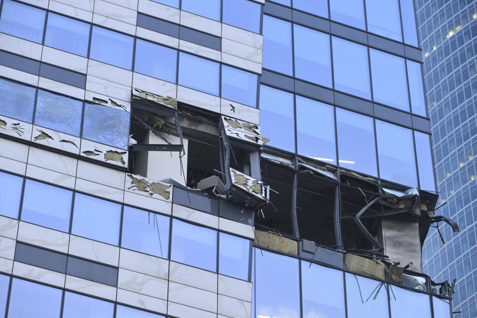 A view of the damaged skyscraper is shown in the "Moscow City" business district after a reported drone attack in Moscow, Russia, early Sunday, July 30, 2023. (AP Photo)