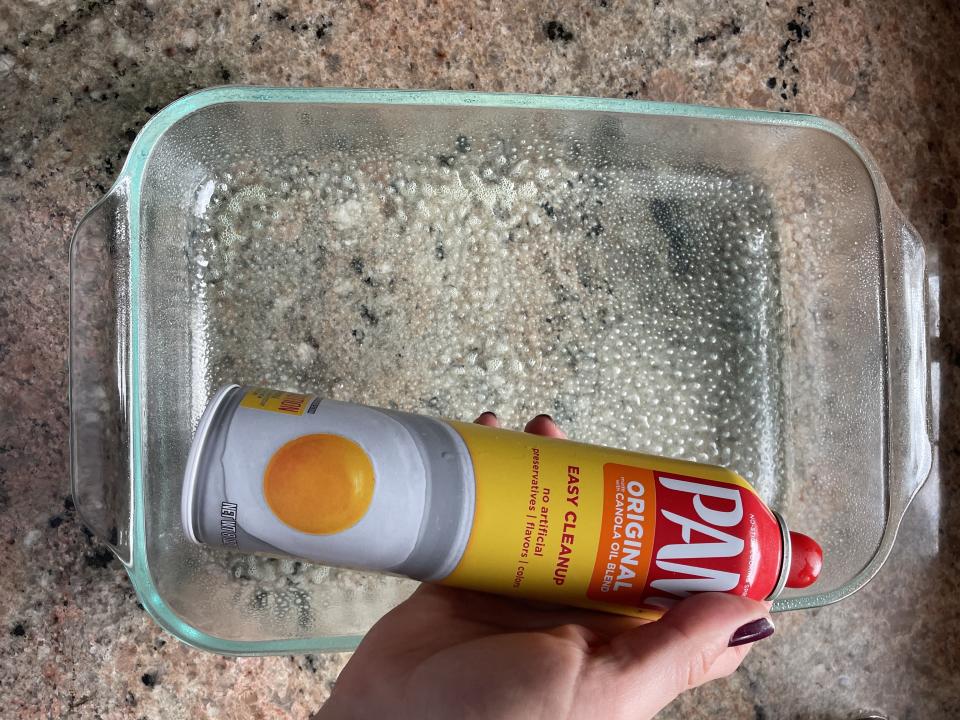 If you don't have cooking spray, brush the bottom of the dish with vegetable oil or spread a thin layer of softened butter. (Katie Stilo)