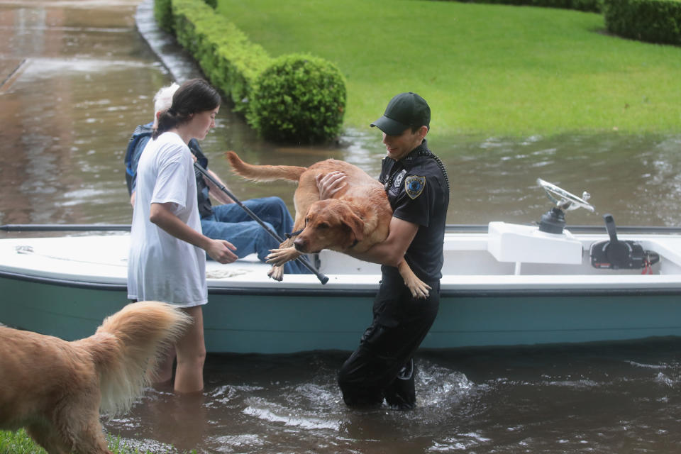 <p>Volunteers and officers from the neiborhood security patrol help to rescue residents and their dogs in the upscale River Oaks neighborhood after it was inundated with flooding from Hurricane Harvey on Aug. 27, 2017 in Houston, Texas. (Photo: Scott Olson/Getty Images) </p>