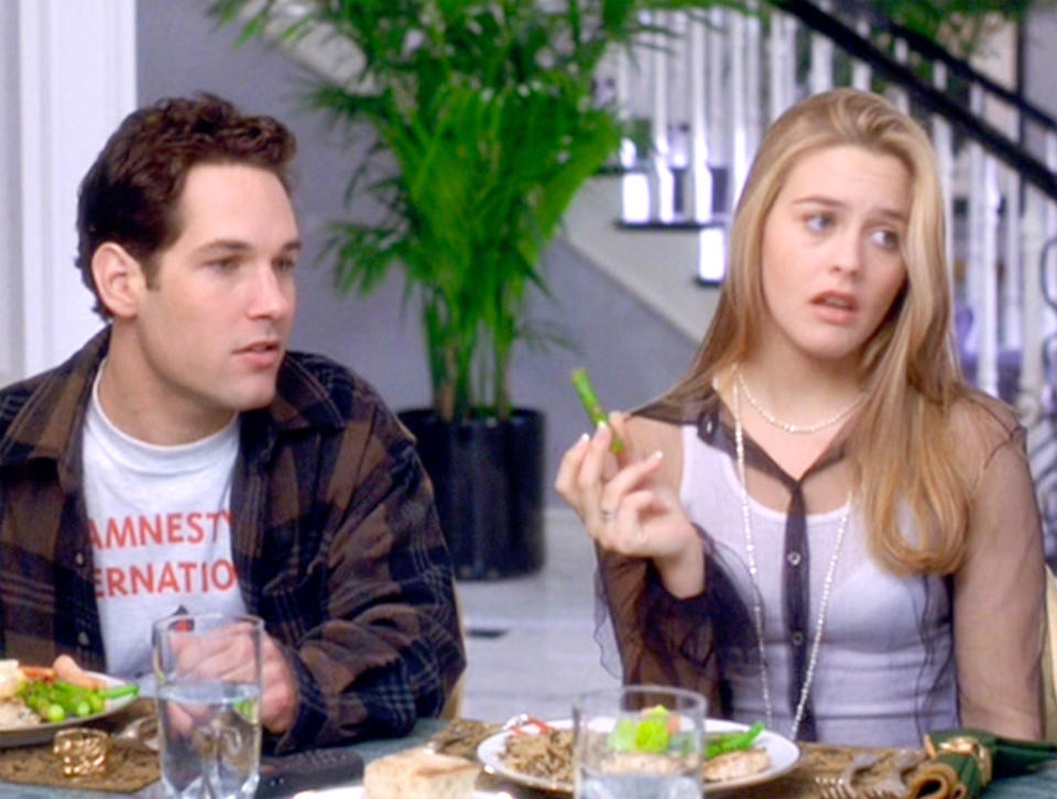 LOS ANGELES - JULY 21: The movie "Clueless", written and directed by Amy Heckerling. Seen here from left, Paul Rudd (as Josh) and Alicia Silverstone (as Cher Horowitz). Theatrical wide release, Friday, July 21, 1995. Screen capture. Paramount Pictures. (Photo by CBS via Getty Images)