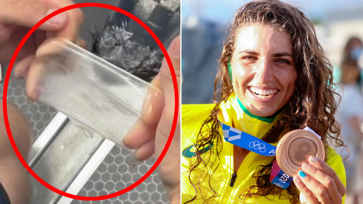 Jess Fox shared a video demonstrating how condoms can be used to repair a damaged kayak. Pic: Instagram/Getty