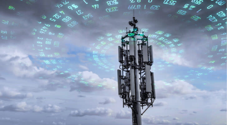 A concept image of a cellphone tower with numbers surrounding it.