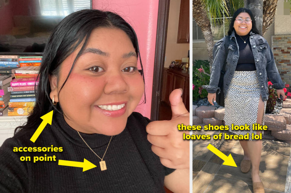 Dannica is showing off her earrings and necklace. Dannica is posing outside wearing her full outfit, including flat shoes that look like loaves of bread