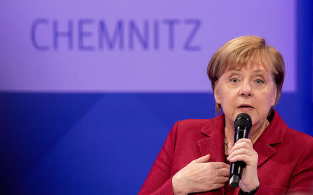 German Chancellor Angela Merkel speaks during the meeting with readers of 'Freie Presse' newspaper in Chemnitz, Germany, November 16, 2018. Kay Nietfeld/Pool via REUTERS