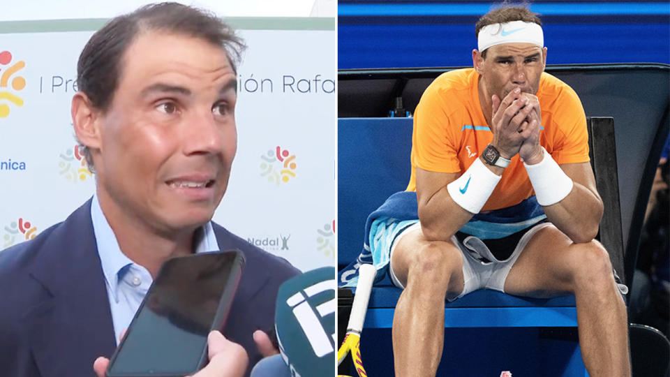 Rafa Nadal speaking during an interview and Nadal in pain during the Australian Open.