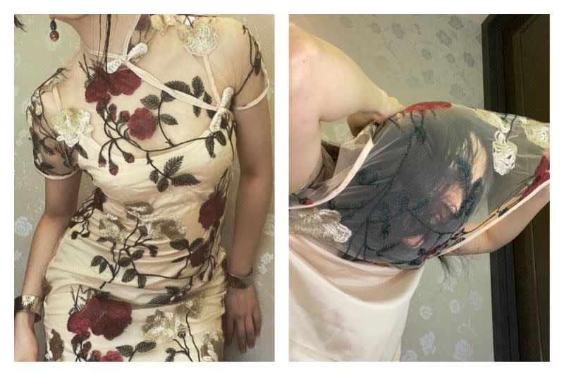 ▲日本一位正妹作家因為貼身旗袍脫不下來意外在網路爆紅。（圖／翻攝自@kirisawatae的推特）