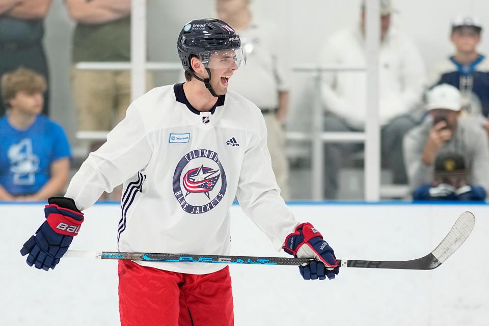 Jul 2, 2023; Columbus, Ohio, USA;  Forward Adam Fantilli (11) laughs during the Columbus Blue Jackets development camp at the OhioHealth Chiller North in Lewis Center. 