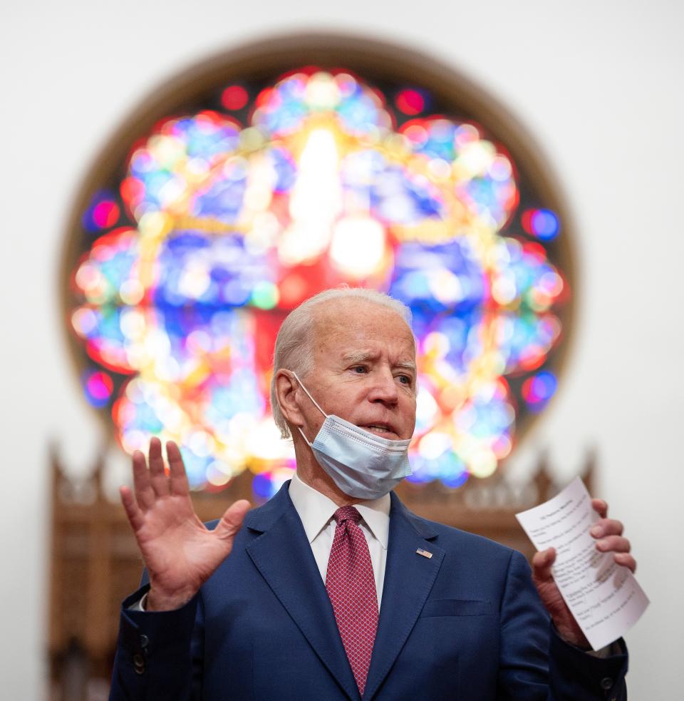 Former vice president and Democratic presidential candidate Joe Biden meets with clergy members and community activists during a visit to Bethel AME Church in Wilmington, Delaware on June 1, 2020. - Democratic presidential candidate Joe Biden visited the scene of an anti-racism protest in the state of Delaware on May 31, 2020, saying that the United States was "in pain". "We are a nation in pain right now, but we must not allow this pain to destroy us," Biden wrote in Twitter, posting a picture of him speaking with a black family at the cordoned-off site where a protesters had gathered on Saturday night. (Photo by JIM WATSON / AFP) (Photo by JIM WATSON/AFP via Getty Images)