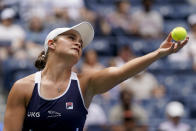 Ashleigh Barty, of Australia, serves to Vera Zvonareva, of Russia, during the first round of the US Open tennis championships, Tuesday, Aug. 31, 2021, in New York. (AP Photo/John Minchillo)