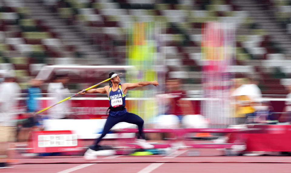 Tokyo 2020 Olympics - Athletics - Men's Javelin Throw - Final - Olympic Stadium, Tokyo, Japan - August 7, 2021. Neeraj Chopra of India in action REUTERS/Aleksandra Szmigiel