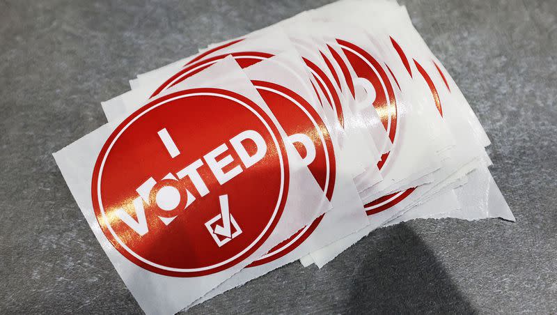 “I voted” stickers on Election Day in Cottonwood Heights on Tuesday, Nov. 8, 2022.