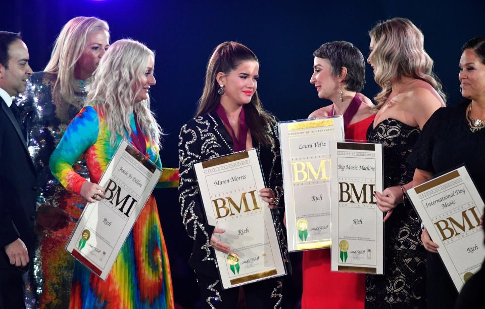 Jessie Jo Dillon, Maren Morris and Laura Veltz are honored for the song, “Rich,” at BMI’s 67th Annual Country Awards  Tuesday, Nov. 12, 2019, in Nashville, Tenn. 