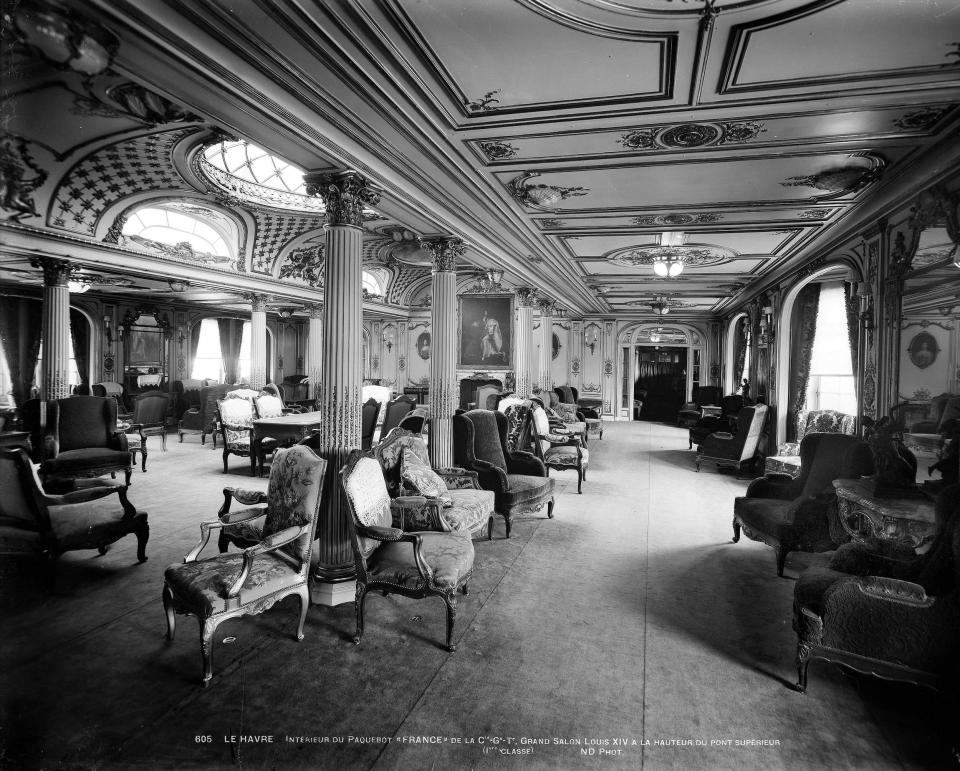 The first class salon aboard the SS France.