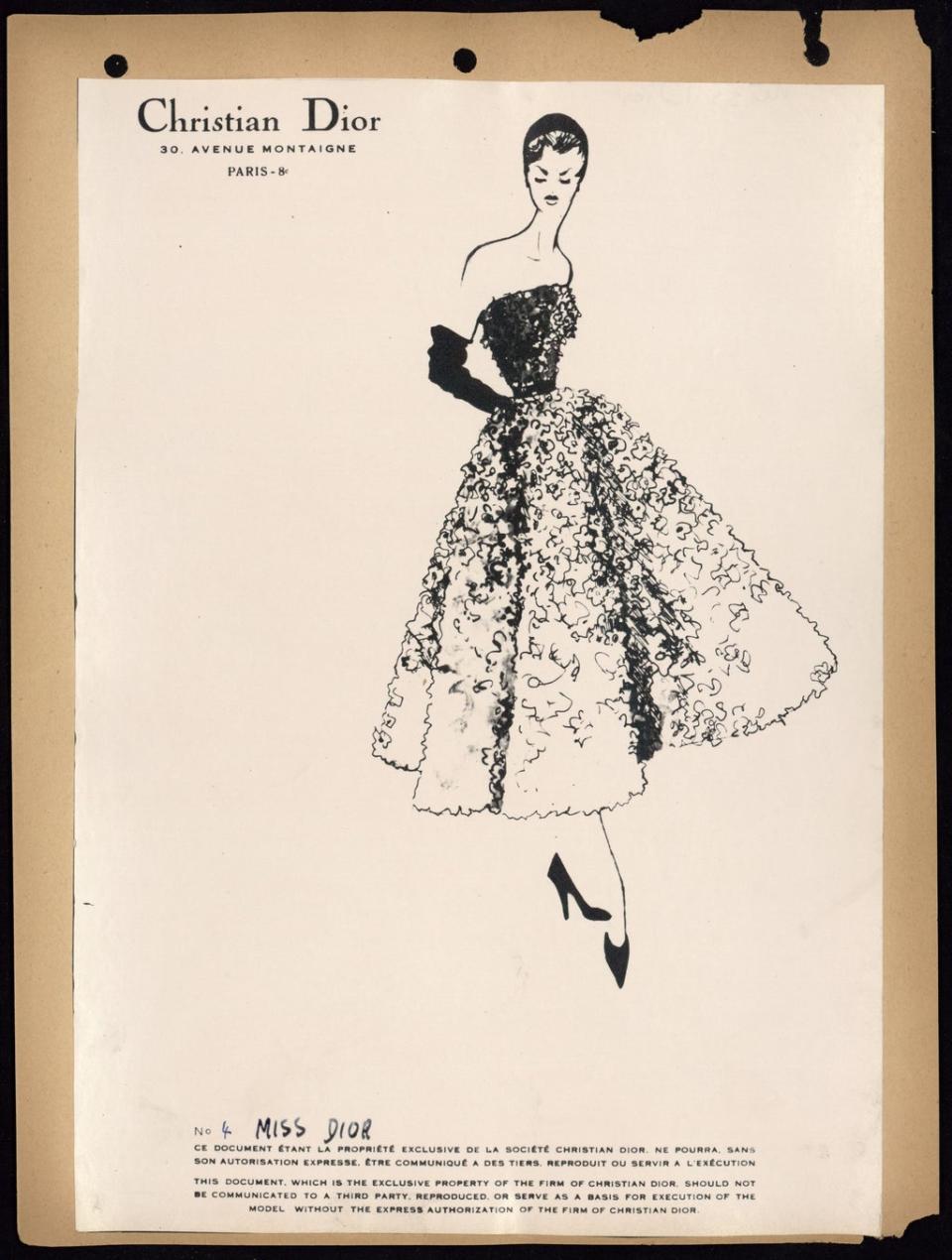 Sketch for a Miss Dior short evening dress embroidered with 1,000 flowers (1949) (Collection Dior Heritage, Paris)