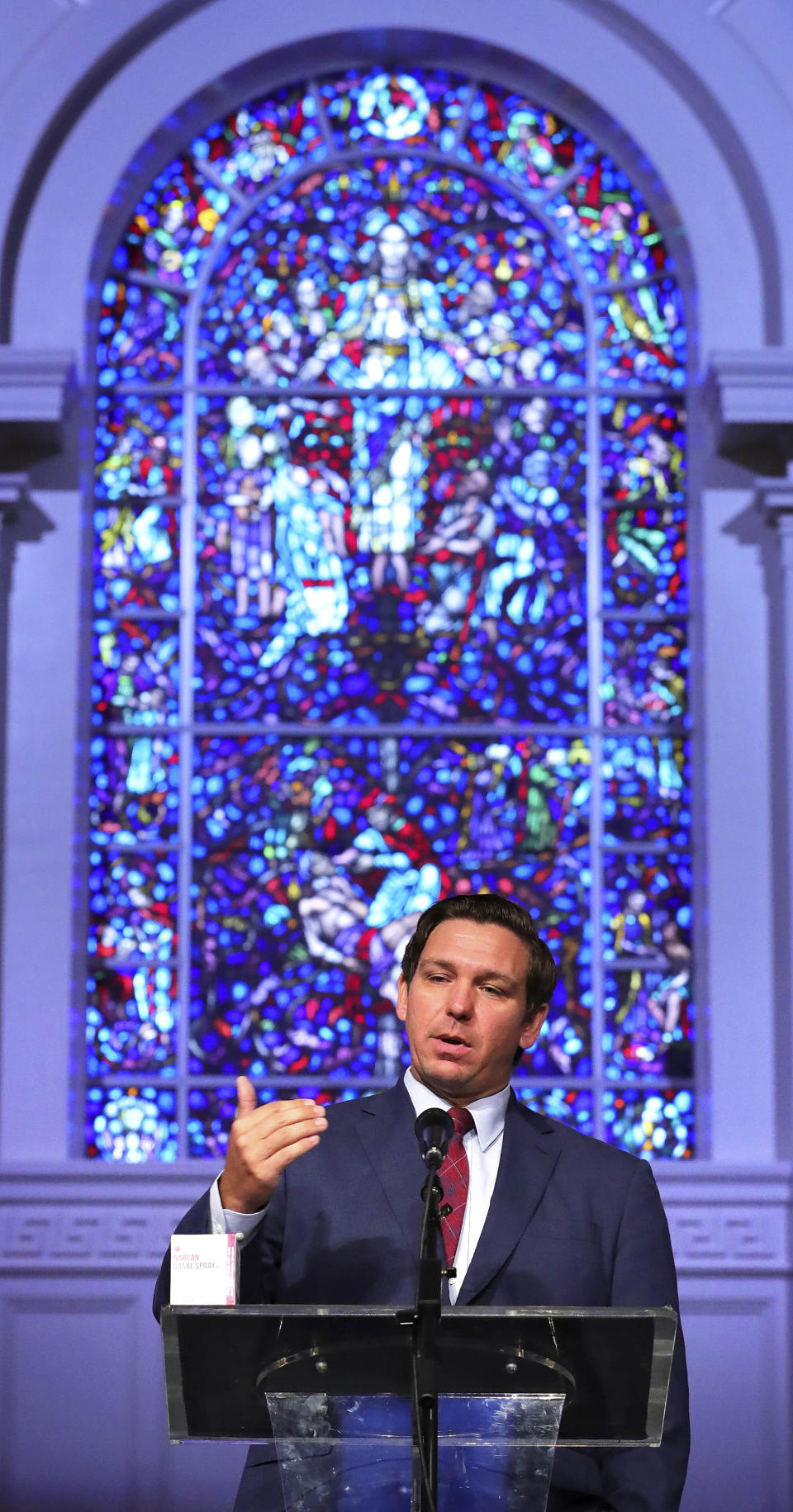 FILE - Florida Gov. Ron DeSantis delivers remarks during the Project Opioid conference at First Presbyterian Church, in Orlando, Fla., Tuesday, Aug. 20, 2019. (Joe Burbank/Orlando Sentinel via AP)