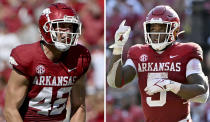 FILE - At left, Arkansas linebacker Drew Sanders (42) celebrates during the first half of an NCAA college football game Saturday, Sept. 3, 2022, in Fayetteville, Ark. At right, Arkansas running back Raheim Sanders (5) runs a play against Cincinnati, Saturday, Sept. 3, 2022. Two unrelated players who share a last name have powered No. 10 Arkansas this season. (AP Photo/File)