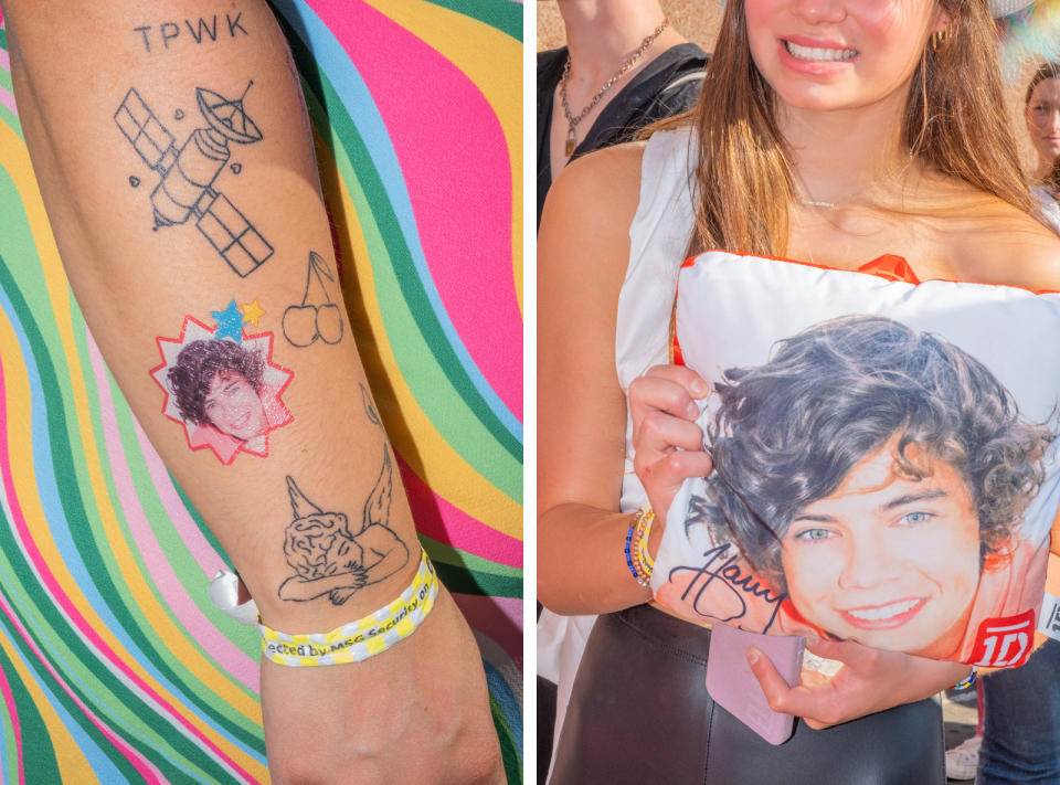 left: someone's forearm covered in harry styles tattoos. right: a smiling woman holds a pillow with harry styles grinning face on it