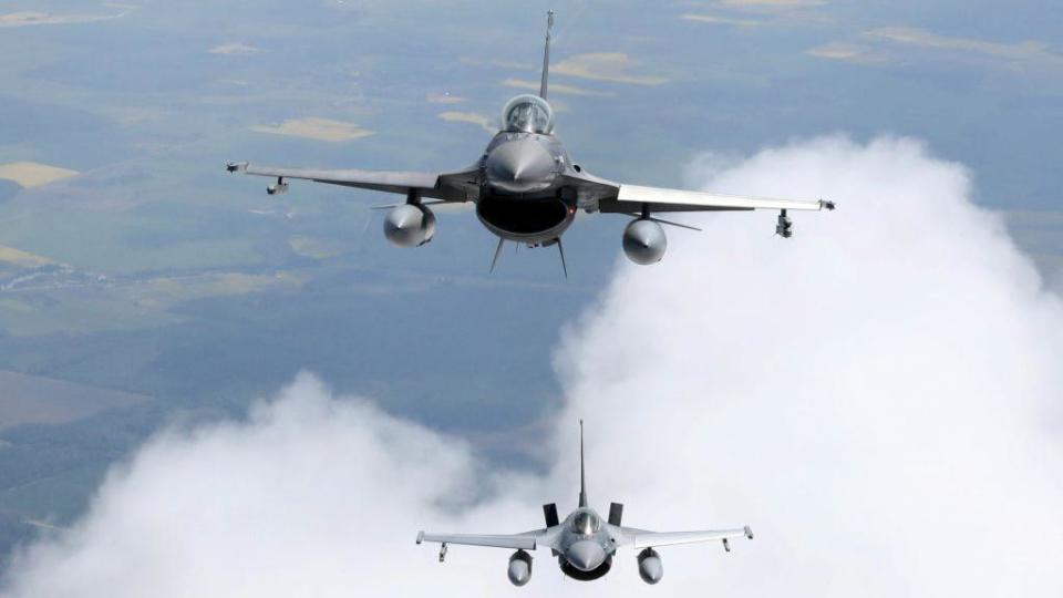 Romanian Air Force F-16s military fighter jets participate in NATO's Baltic Air Policing Mission in Lithuanian airspace near Siauliai, on May 23, 2023