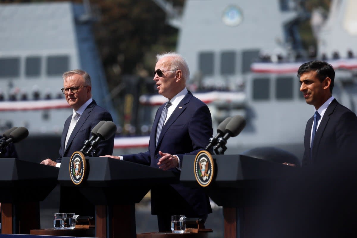 Joe Biden and Rishi Sunak with Australian Prime Minister Anthony Albanese  at Naval Base Point Loma in San Diego, California on Monday  (REUTERS)