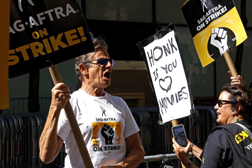 SAG-AFTRA members and supporters on the picket line as the SAG-AFTRA Union Strike continues in front of NBC Studios