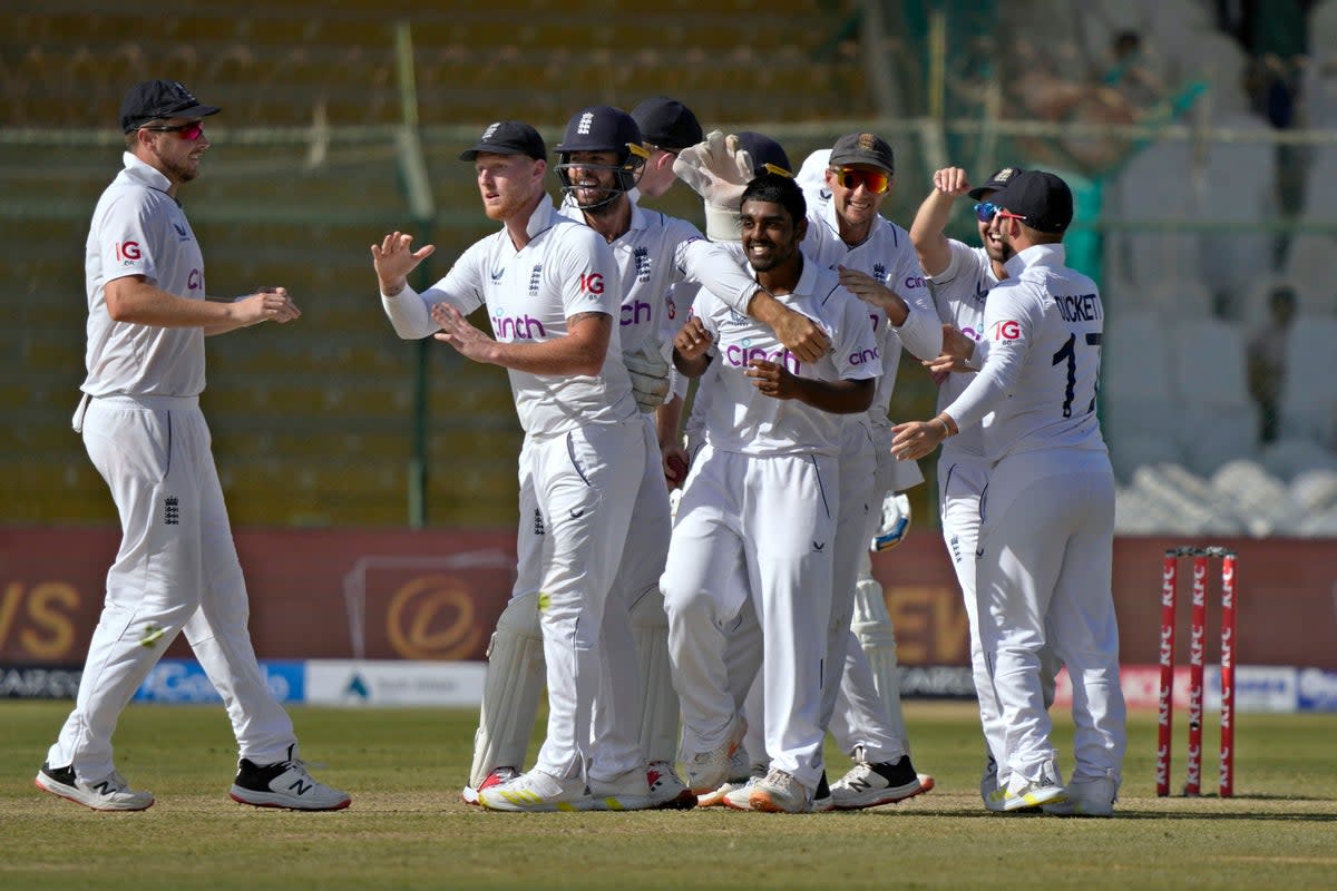 Rehan Ahmed claimed his first Test wicket in the afternoon session of his debut (Fareed Khan/AP) (AP)