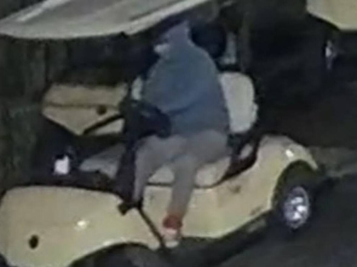 Security camera footage from Settlers' Ghost Golf Course near Barrie, Ont.,shows a man driving golf carts away from the course. Ontario course owners say they believe a group of professional thieves are behind a rash of stolen carts.  (David Graham - image credit)