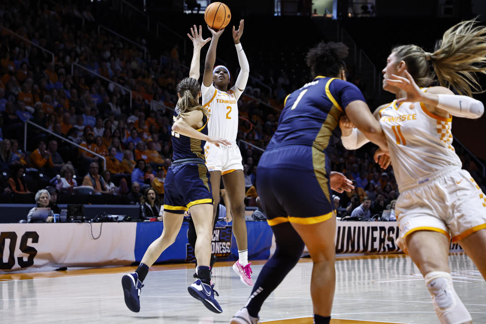 Tennessee forward Rickea Jackson (2) shoots over Toledo guard Sammi Mikonowicz (33) in the first half of a second-round college basketball game in the NCAA Tournament, Monday, March 20, 2023, in Knoxville, Tenn. (AP Photo/Wade Payne)