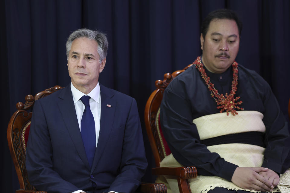 U.S. Secretary of State Antony Blinken, left, and Tonga's Crown Prince Tupouto'a 'Ulukalala attend the dedication of the new U.S. Embassy in Nuku'alofa, Tonga Wednesday, July 26, 2023. Blinken visited the tiny kingdom of Tonga on Wednesday, as the United States continues to increase its diplomatic efforts in the Pacific while China's influence in the region grows. (Tupou Vaipulu/Pool Photo via AP)