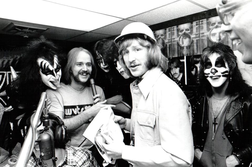 Bill Starkey is photographed with members of Kiss during the band's 1975 visit to radio station WVTS in Terre Haute.
