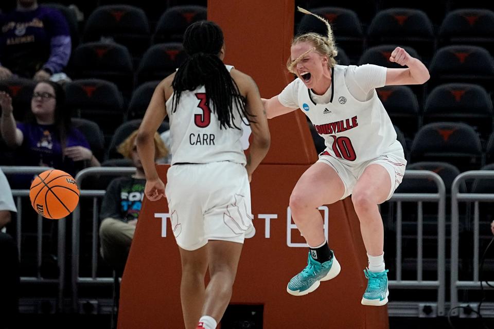 Louisville guard Hailey Van Lith (10) celebrates after scoring against against Drake during the second half of a first-round college basketball game in the NCAA Tournament in Austin, Texas, Saturday, March 18, 2023. (AP Photo/Eric Gay)