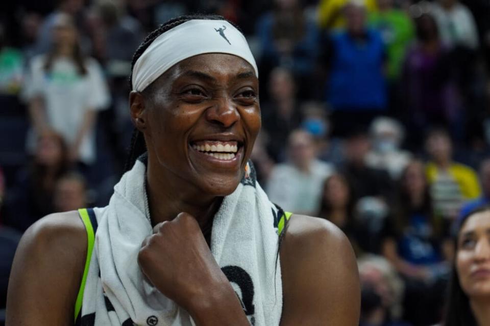 Sylvia Fowles #34 of the Minnesota Lynx smiles after the game against the Seattle Storm at Target Center on August 12, 2022 in Minneapolis, Minnesota. (Photo by David Berding/Getty Images)