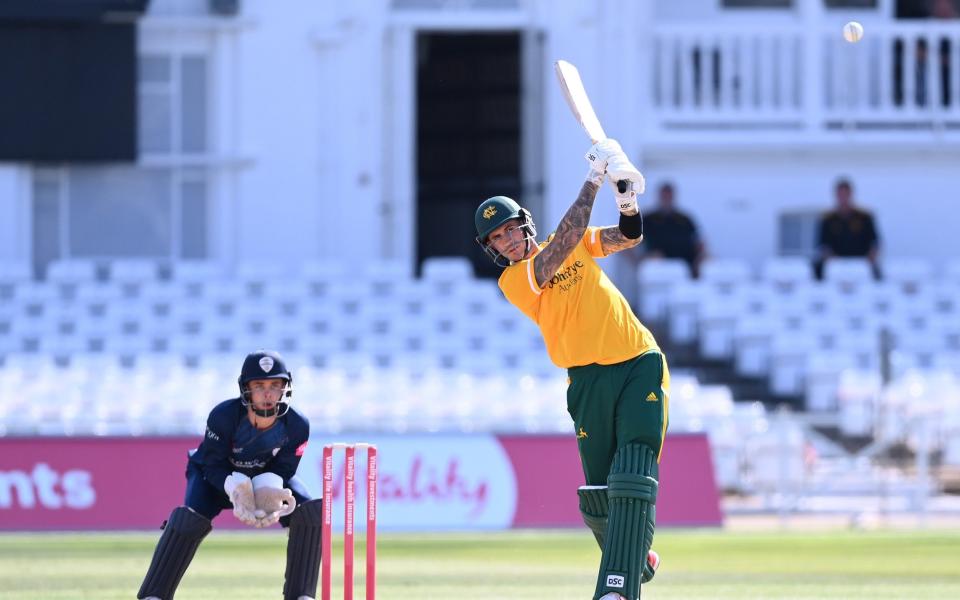 Alex Hales of Notts Outlaws smashes the ball for four runs during the T20 Vitality Blast match between Derbyshire Falcon and Notts Outlaws at Trent Bridge on September 13, 2020 in Nottingham, England.  - GETTY IMAGES