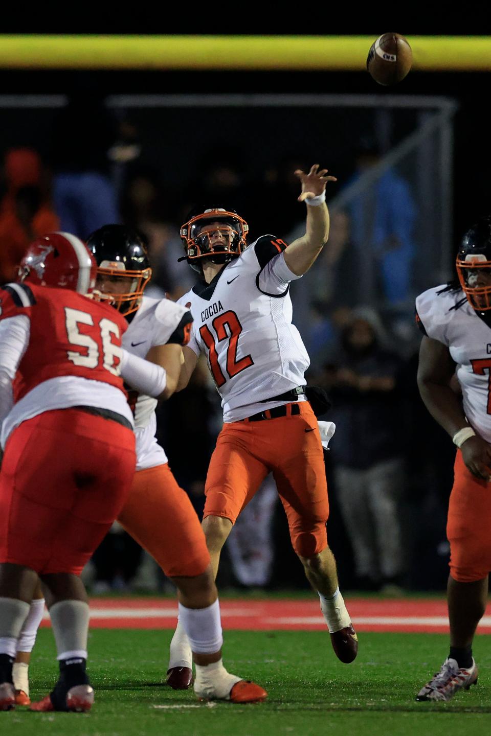 Cocoa's Blake Boda (12) throws the ball during the third quarter against Bradford. Cocoa won 31-21 to advance to the Class 2S final.