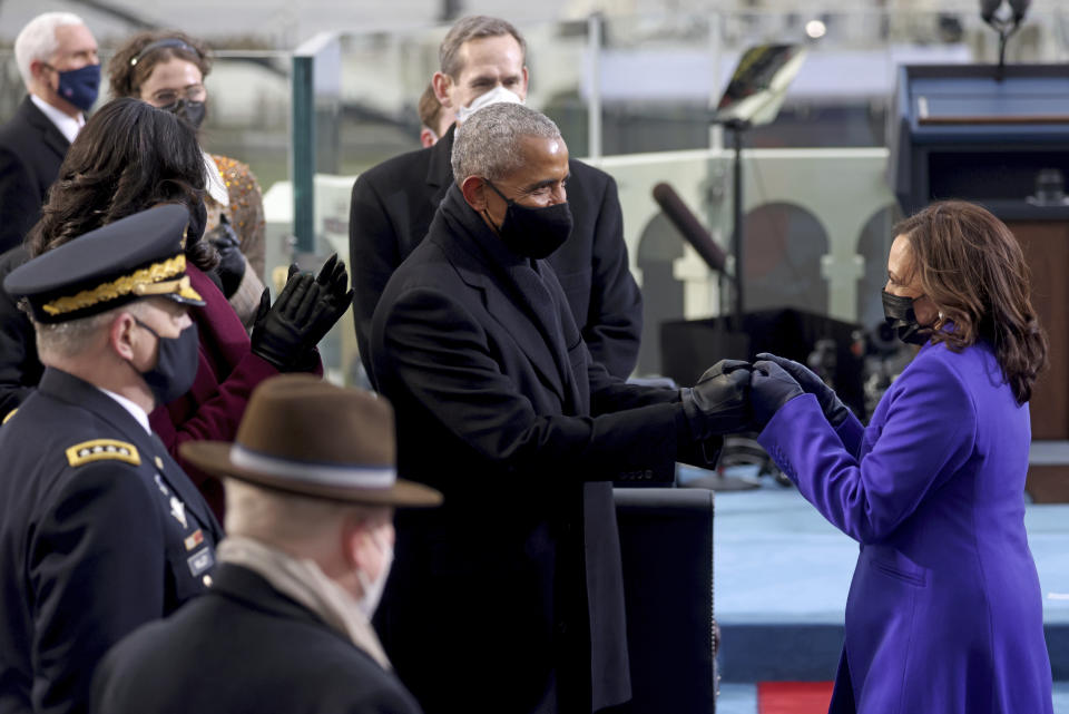 Former President Barack Obama and Vice President-elect Kamala Harris greet ahead of President-elect Joe Biden’s inauguration, Wednesday, Jan. 20, 2021, at the U.S. Capitol in Washington. (Jonathan Ernst/Pool Photo via AP)