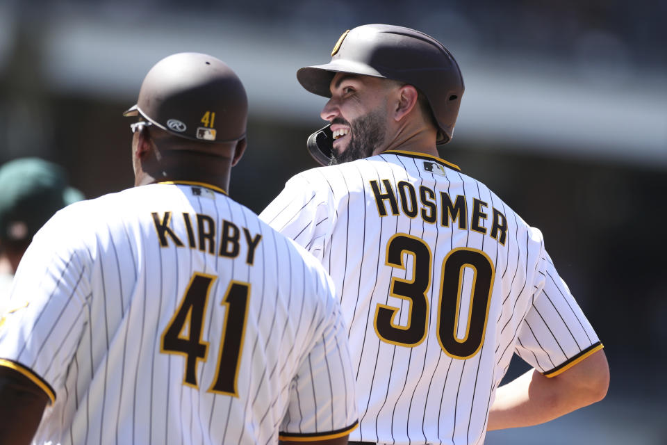 San Diego Padres' Eric Hosmer reacts after breaking up a no-hitter against the Oakland Athletics in the sixth inning of a baseball game Wednesday, July 28, 2021, in San Diego. (AP Photo/Derrick Tuskan)