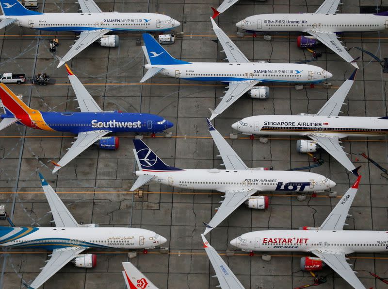 Grounded Boeing 737 MAX aircraft are seen parked at Boeing facilities at Grant County International Airport in Moses Lake