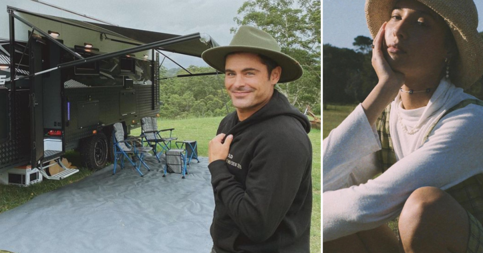 Zac Efron stands near a camper trailer. Vanessa Valladares poses in a hat.