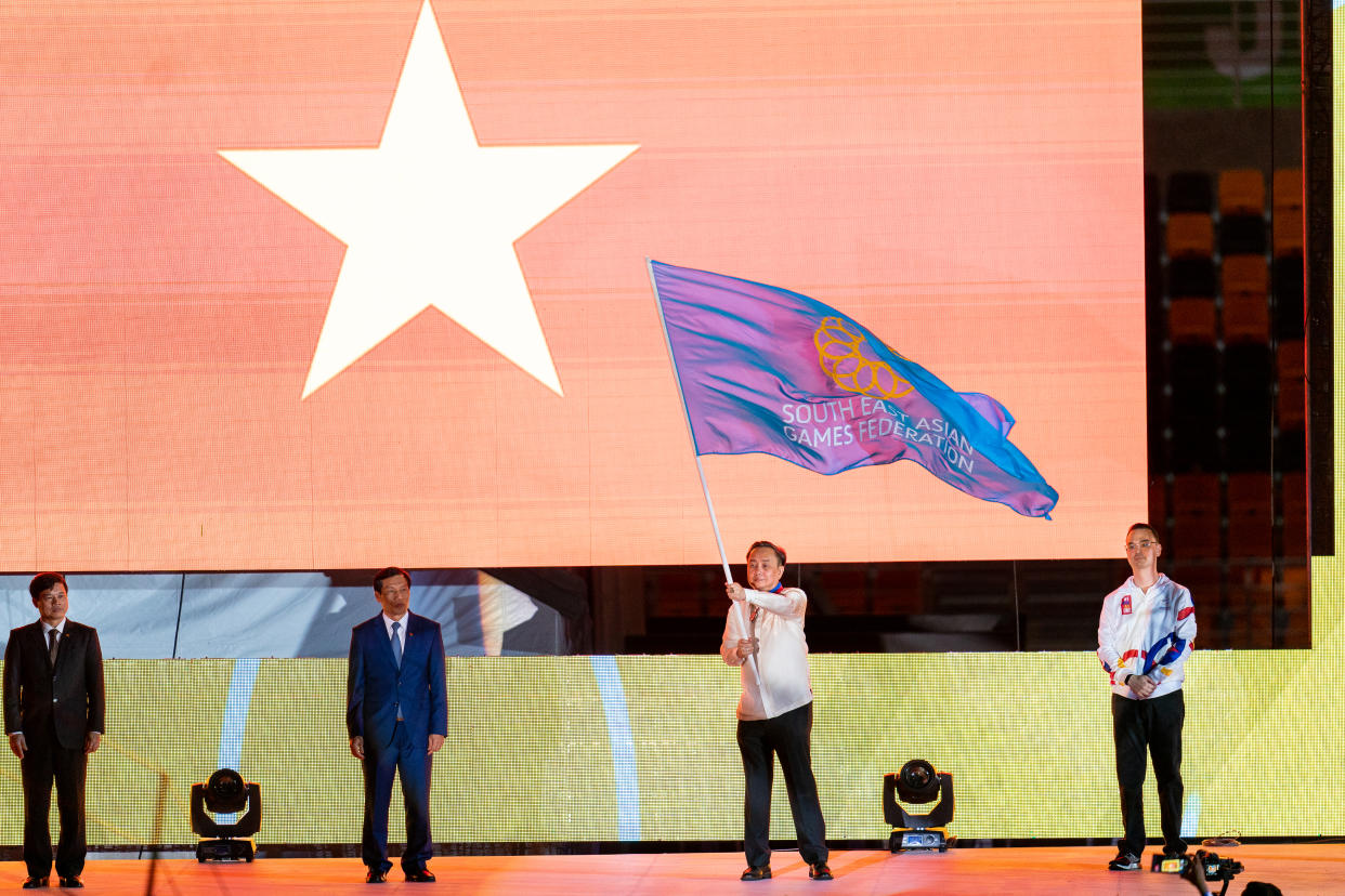 Handover of the SEA Games Federation Flag from the Philippines to Vietnam at the 2019 Games closing ceremony.