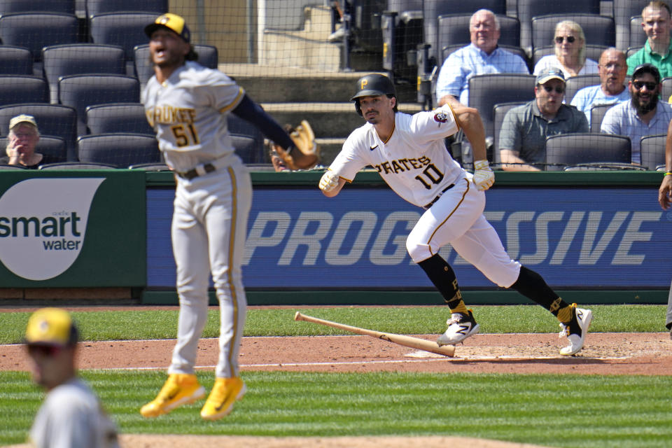Pittsburgh Pirates' Bryan Reynolds (10) singles off Milwaukee Brewers starting pitcher Freddy Peralta (51) during the sixth inning of a baseball game in Pittsburgh, Wednesday, Sept. 6, 2023. The Pirates won 5-4. (AP Photo/Gene J. Puskar)