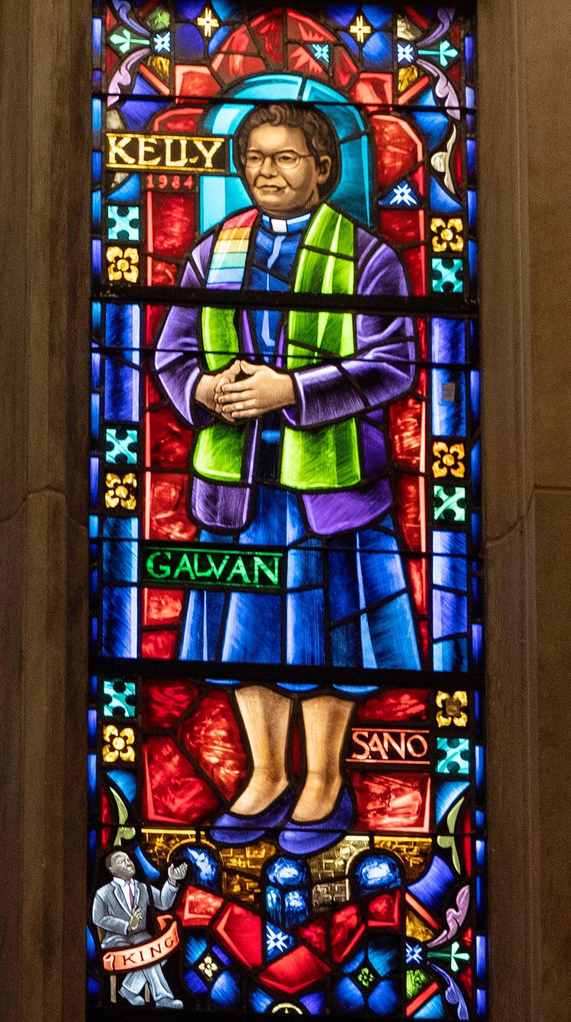 The first Japanese-American Methodist bishop, Roy Sano, and the first Hispanic Methodist bishop, Elias G. Galvan, were elected on the same day as Leontine Kelly. Both bishops’ names are included in the window, along with a small image of Martin Luther King Jr.