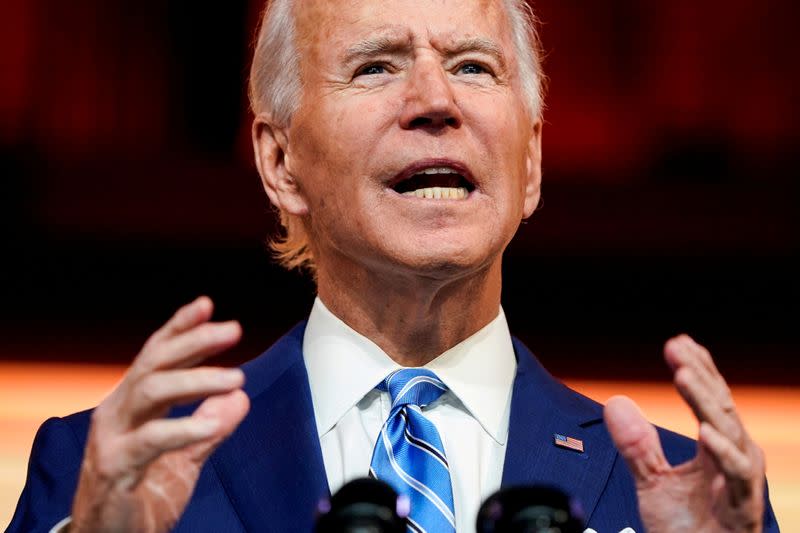 FILE PHOTO: U.S. President-elect Joe Biden delivers pre-Thanksgiving speech at transition headquarters in Wilmington, Delaware