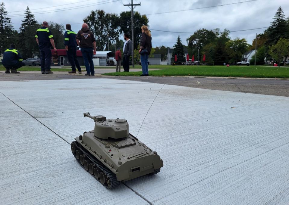 An RC tank, owned by American Legion member Mike Young, is jokingly placed on a concrete pad meant for a full-size tank on Wednesday, Sept. 27, 2023, outside Post 449 in Marysville.