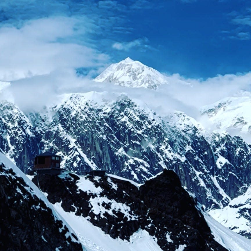 Denali, also called Mount McKinley, as seen from the Ruth Glacier. Denali in south-central Alaska is the tallest mountain in North America. Its peak reaches 20,310 feet  above sea level.
Denali means "the tall one" and is both the third most prominent and third most isolated peak in the world.